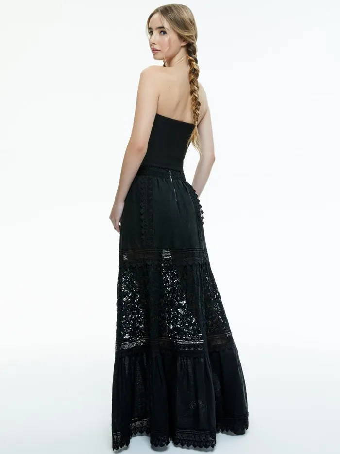 Alice Olivia REISE EMBROIDERED TIERED MAXI SKIRT Black Women Skirts
