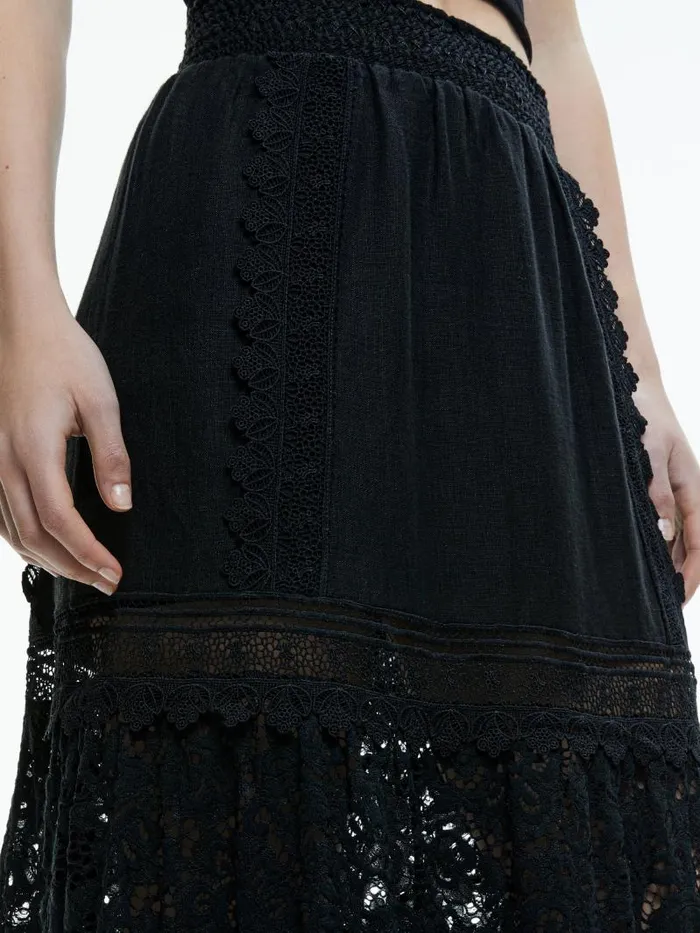 Alice Olivia REISE EMBROIDERED TIERED MAXI SKIRT Black Women Skirts
