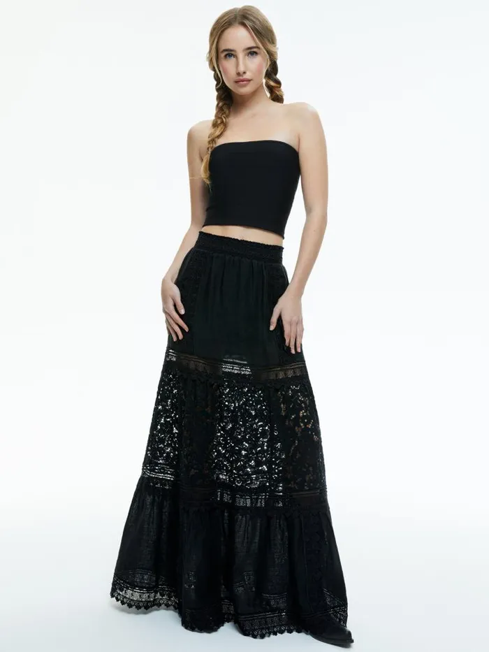 Alice Olivia REISE EMBROIDERED TIERED MAXI SKIRT Black Women Skirts
