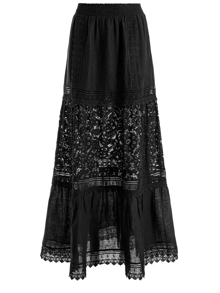 Alice Olivia REISE EMBROIDERED TIERED MAXI SKIRT Black Women Skirts