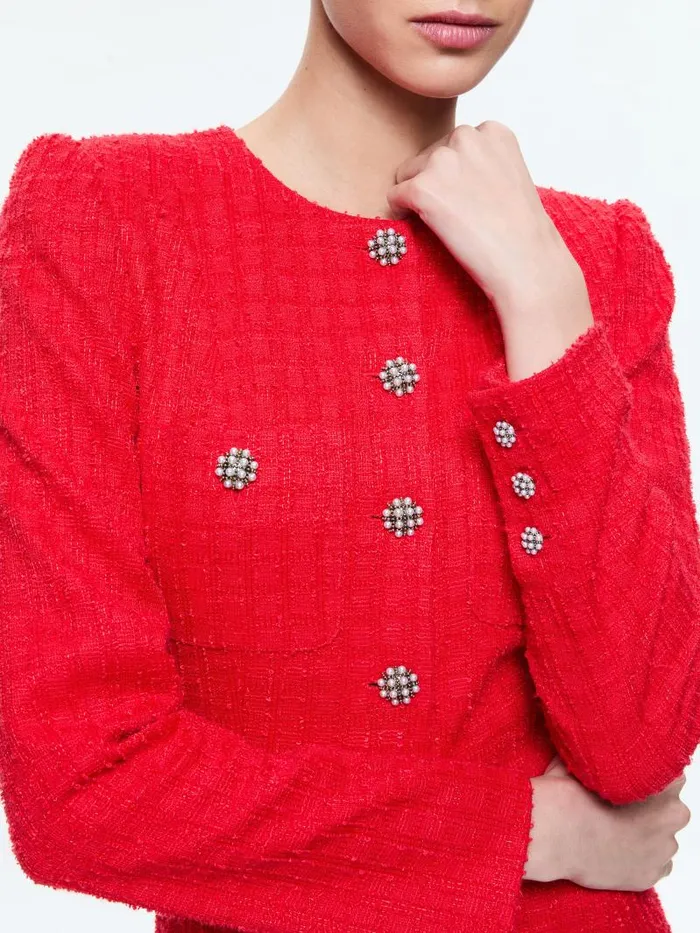 Alice Olivia SHILOH LONG SLEEVE BUTTON FRONT MINI DRESS Bright Ruby Women Dresses