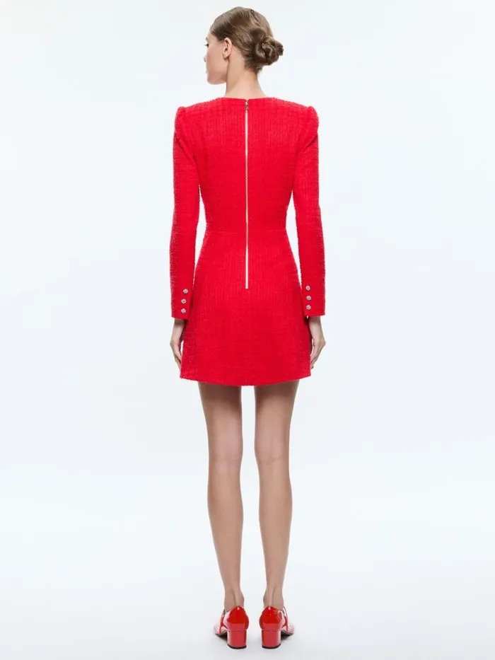 Alice Olivia SHILOH LONG SLEEVE BUTTON FRONT MINI DRESS Bright Ruby Women Dresses