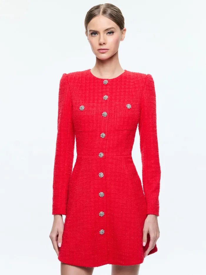 Alice Olivia SHILOH LONG SLEEVE BUTTON FRONT MINI DRESS Bright Ruby Women Dresses