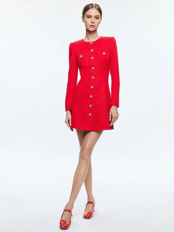 Alice Olivia SHILOH LONG SLEEVE BUTTON FRONT MINI DRESS Bright Ruby Women Dresses