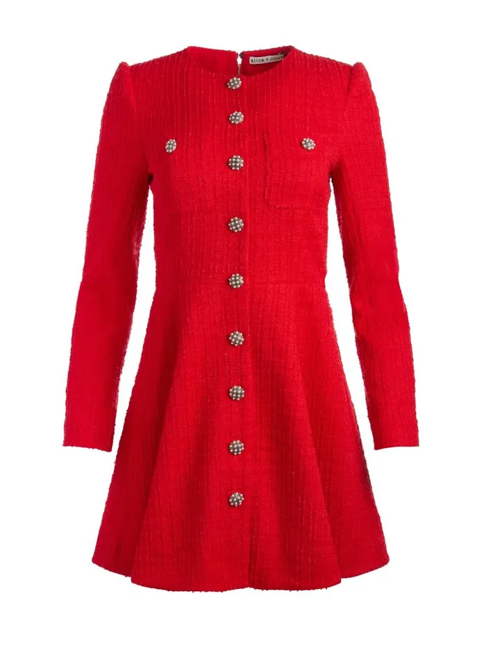 Alice Olivia SHILOH LONG SLEEVE BUTTON FRONT MINI DRESS Bright Ruby Women Dresses