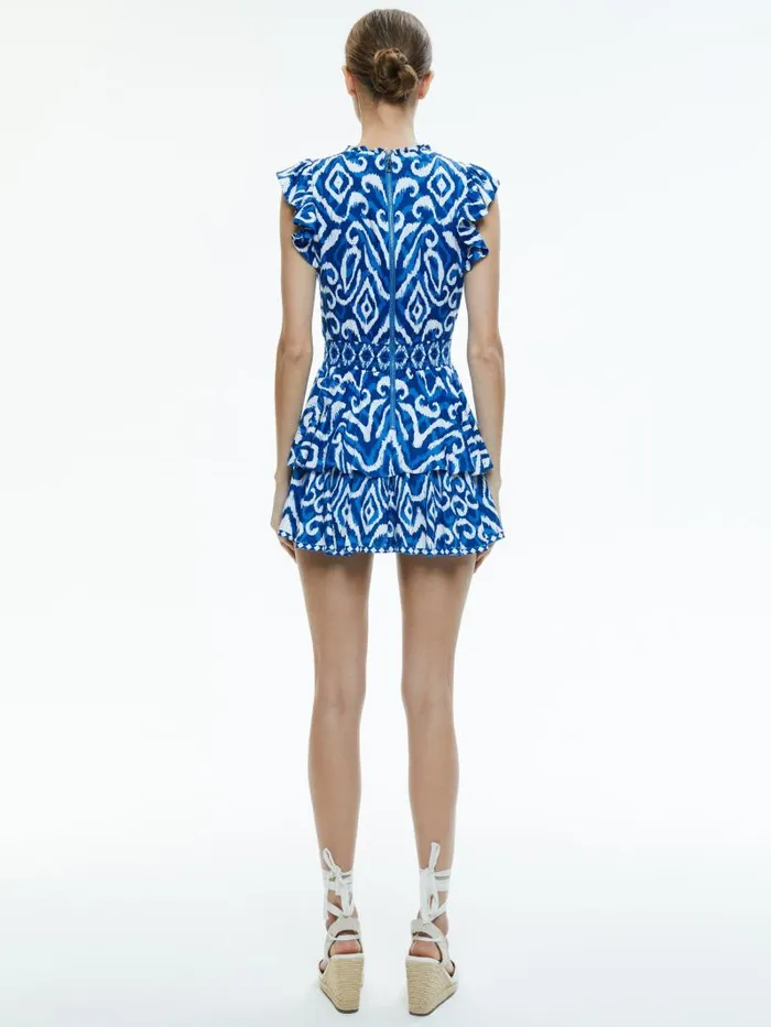 Alice Olivia SYRLA V NECK RUFFLE ROMPER Artisan Ikat French Blue Women Jumpsuits Rompers