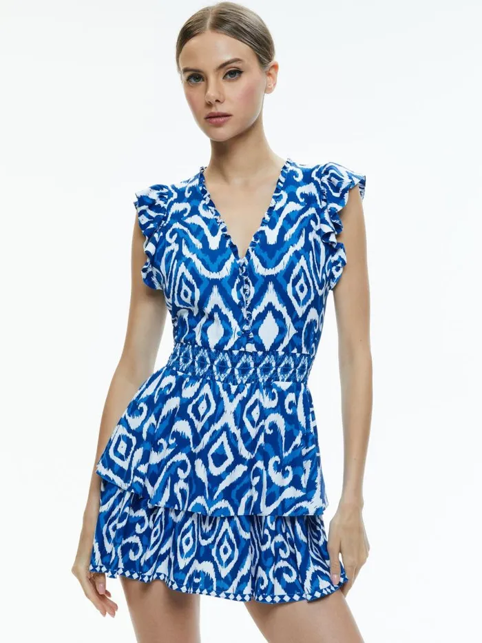 Alice Olivia SYRLA V NECK RUFFLE ROMPER Artisan Ikat French Blue Women Jumpsuits Rompers