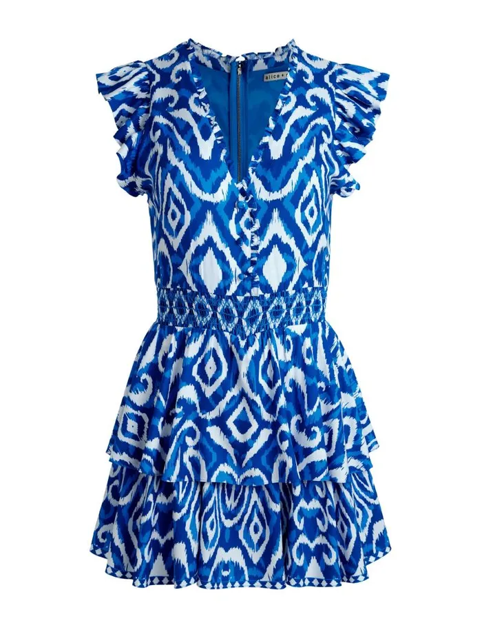 Alice Olivia SYRLA V NECK RUFFLE ROMPER Artisan Ikat French Blue Women Jumpsuits Rompers