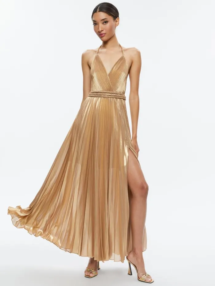 Alice Olivia TRESA PLEATED MAXI DRESS WITH SLIT Gold Women Dresses