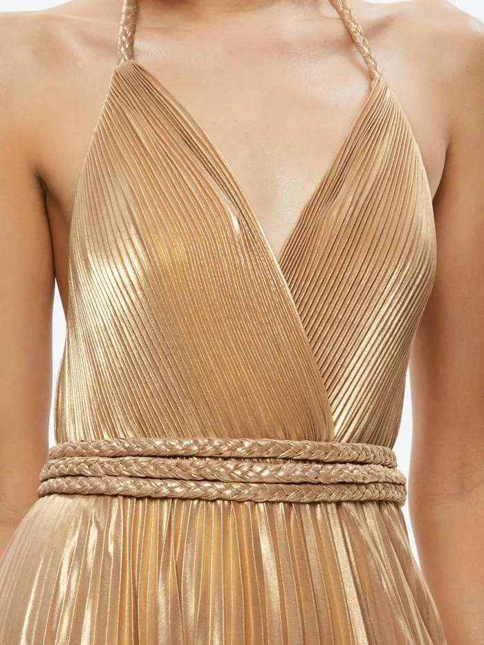 Alice Olivia TRESA PLEATED MAXI DRESS WITH SLIT Gold Women Dresses