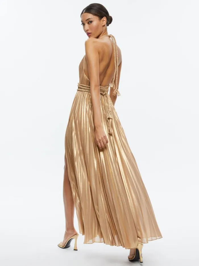 Alice Olivia TRESA PLEATED MAXI DRESS WITH SLIT Gold Women Dresses