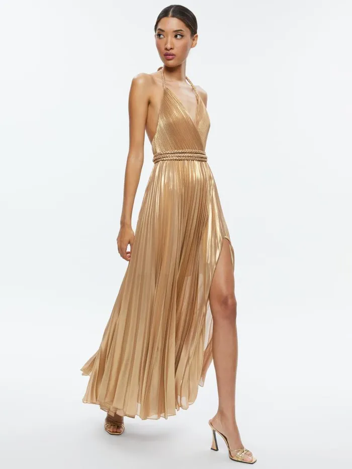 Alice Olivia TRESA PLEATED MAXI DRESS WITH SLIT Gold Women Dresses
