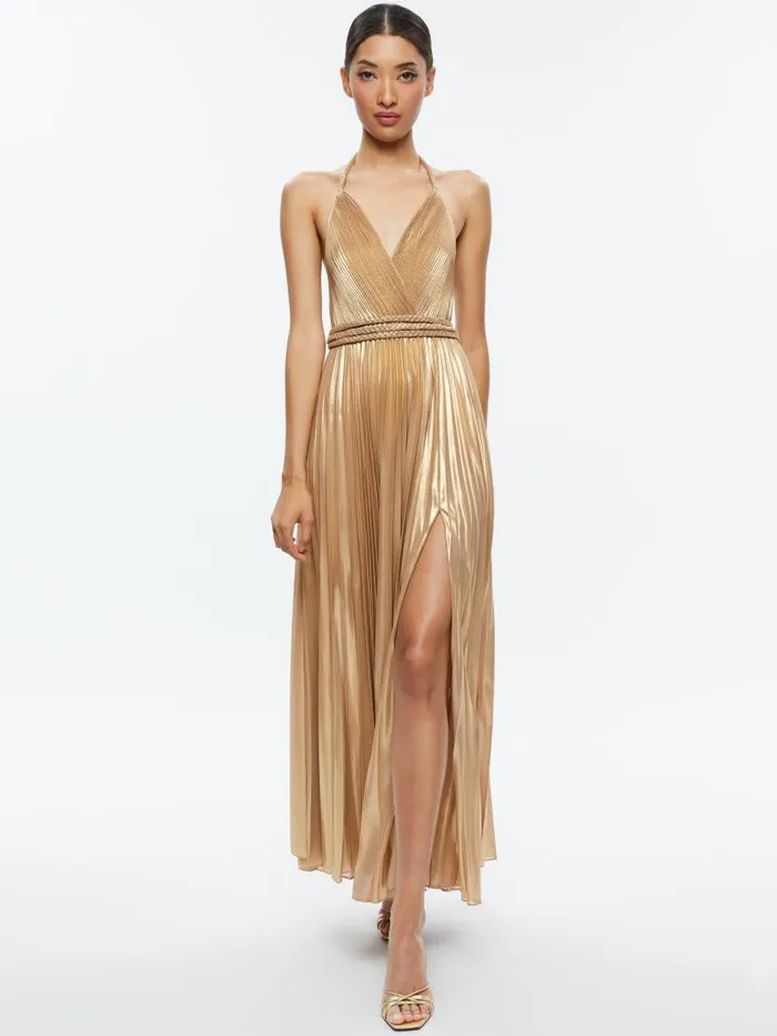 Alice Olivia TRESA PLEATED MAXI DRESS WITH SLIT Gold Women Dresses