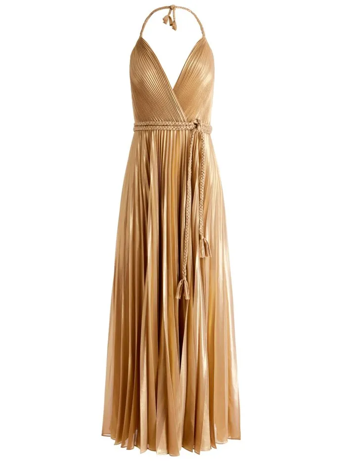 Alice Olivia TRESA PLEATED MAXI DRESS WITH SLIT Gold Women Dresses