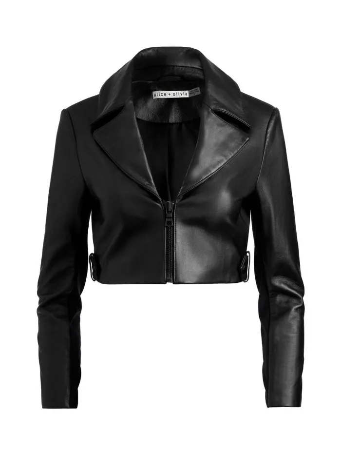 Alice Olivia YARDLEY LEATHER CROPPED JACKET Black Women Jackets Coats