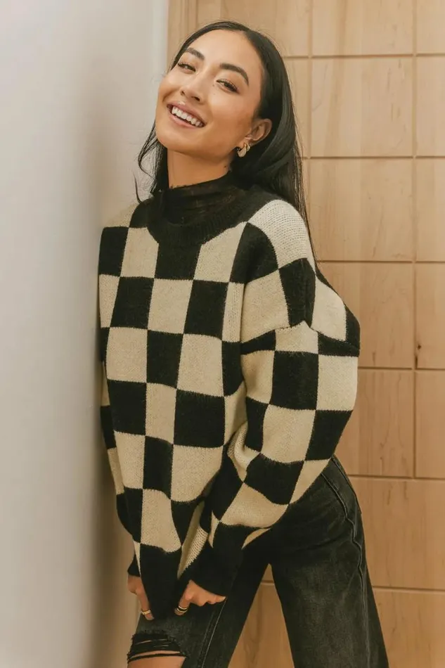 Angela Checkered Sweater In Black Black Women Bohme Tops