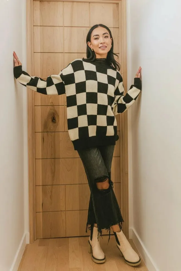 Angela Checkered Sweater In Black Black Women Bohme Tops
