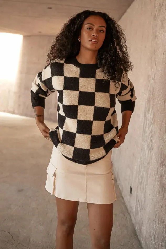 Angela Checkered Sweater In Black Black Women Bohme Tops