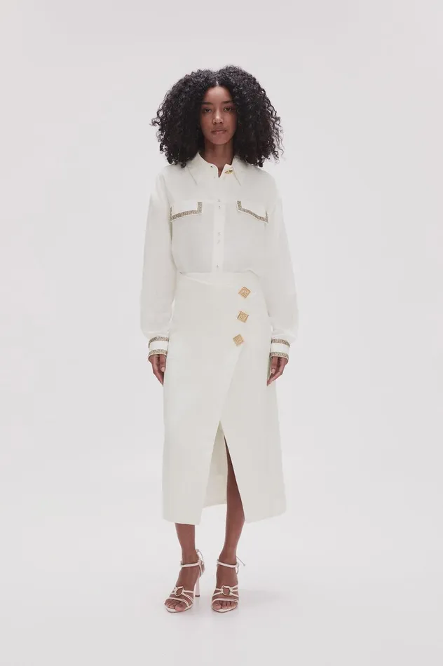 Araminta Wrap Front Midi Skirt Ivory Women Aje Skirts