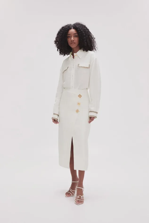 Araminta Wrap Front Midi Skirt Ivory Women Aje Skirts