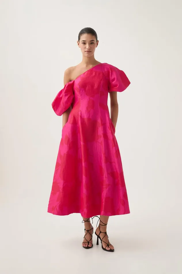 Arista Tulip Sleeve Midi Dress Florescent Rose Women Aje Wedding Guest Dresses