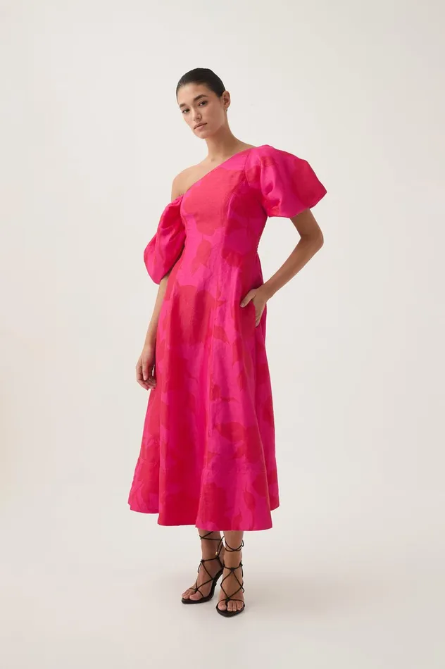 Arista Tulip Sleeve Midi Dress Florescent Rose Women Aje Wedding Guest Dresses