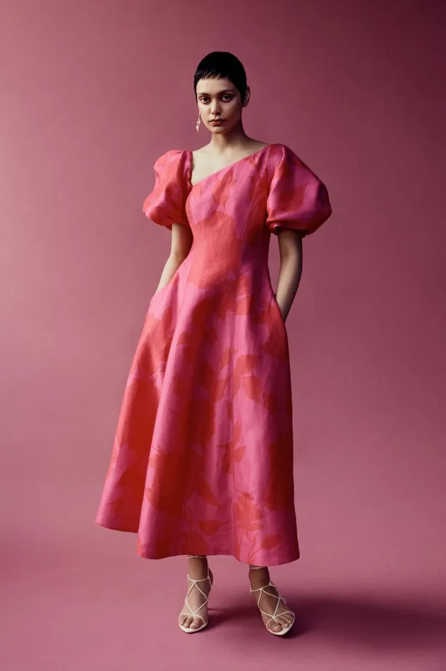 Arista Tulip Sleeve Midi Dress Florescent Rose Women Aje Wedding Guest Dresses