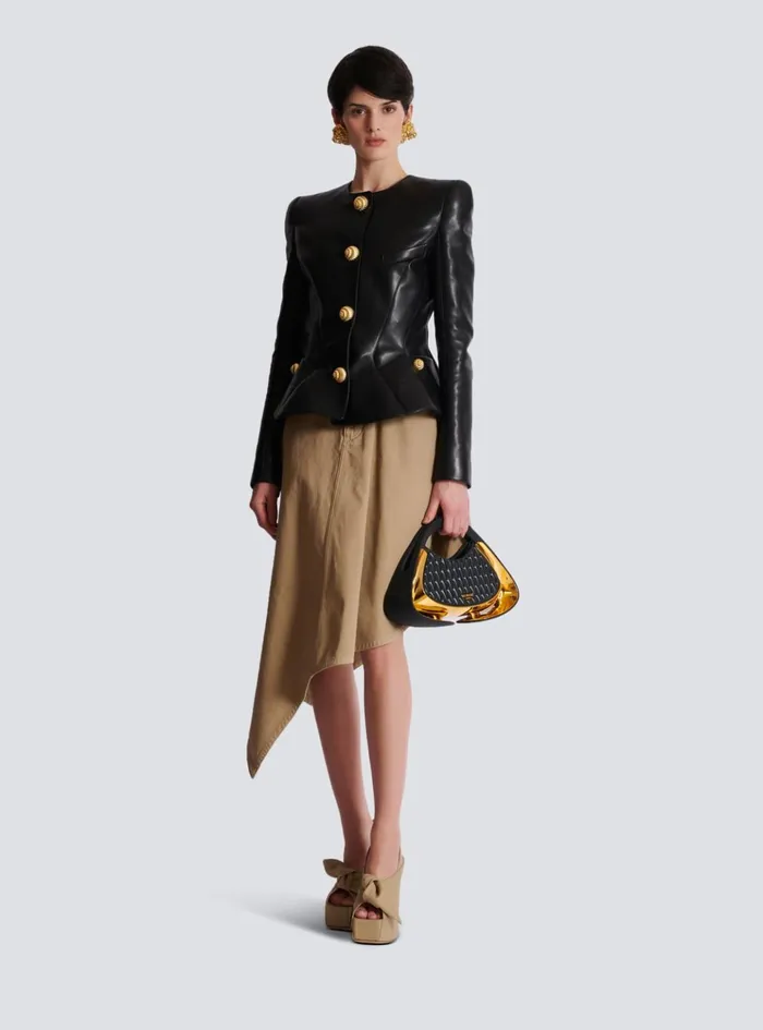 Asymmetrical Pleated Skirt In Cotton Canvas Beige Women Balmain Skirts