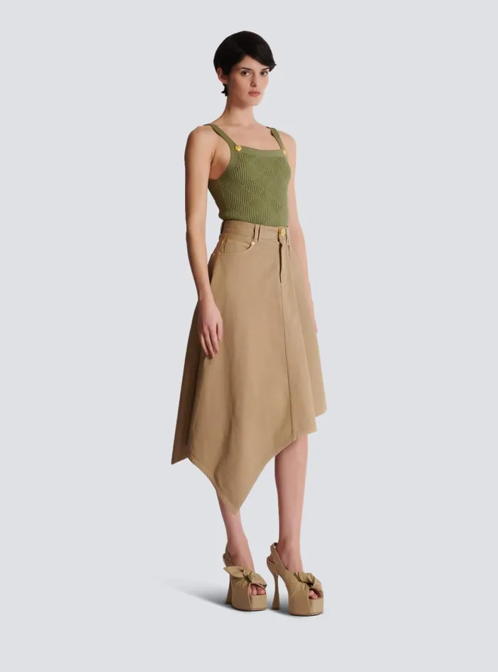 Asymmetrical Pleated Skirt In Cotton Canvas Beige Women Balmain Skirts