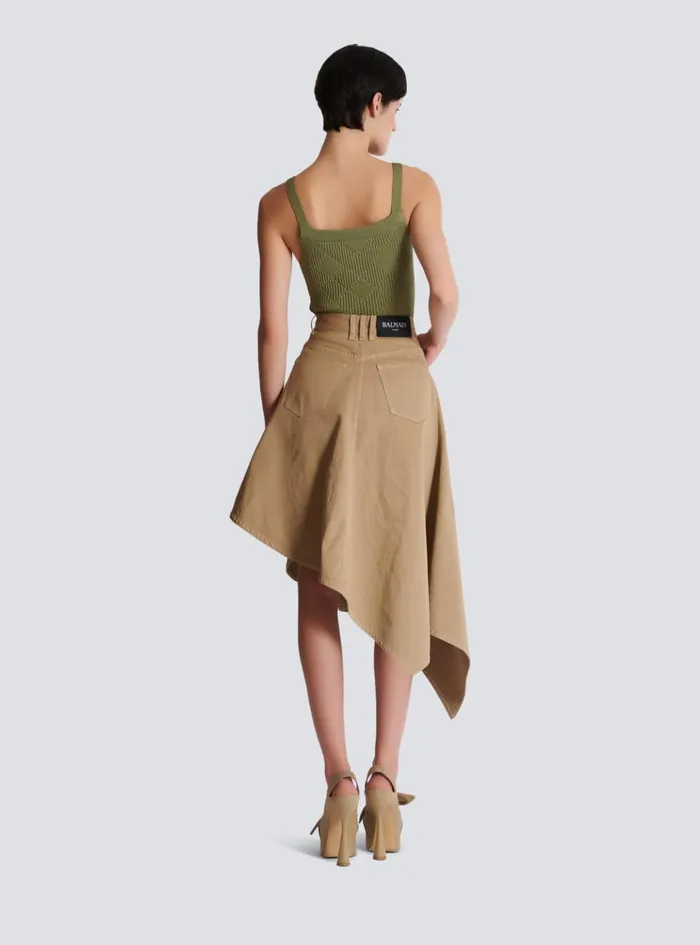 Asymmetrical Pleated Skirt In Cotton Canvas Beige Women Balmain Skirts