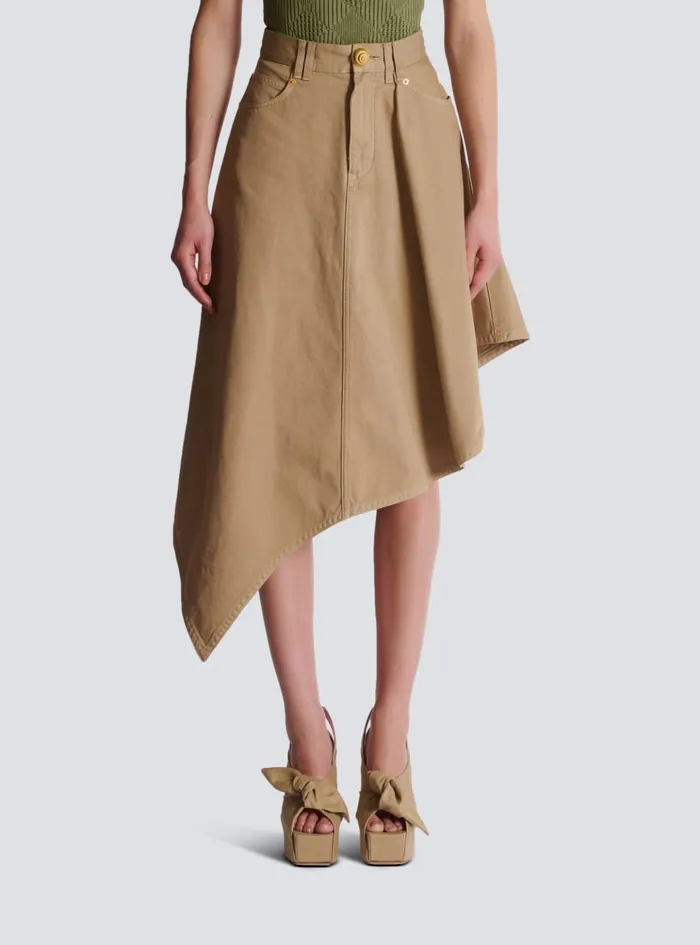 Asymmetrical Pleated Skirt In Cotton Canvas Beige Women Balmain Skirts