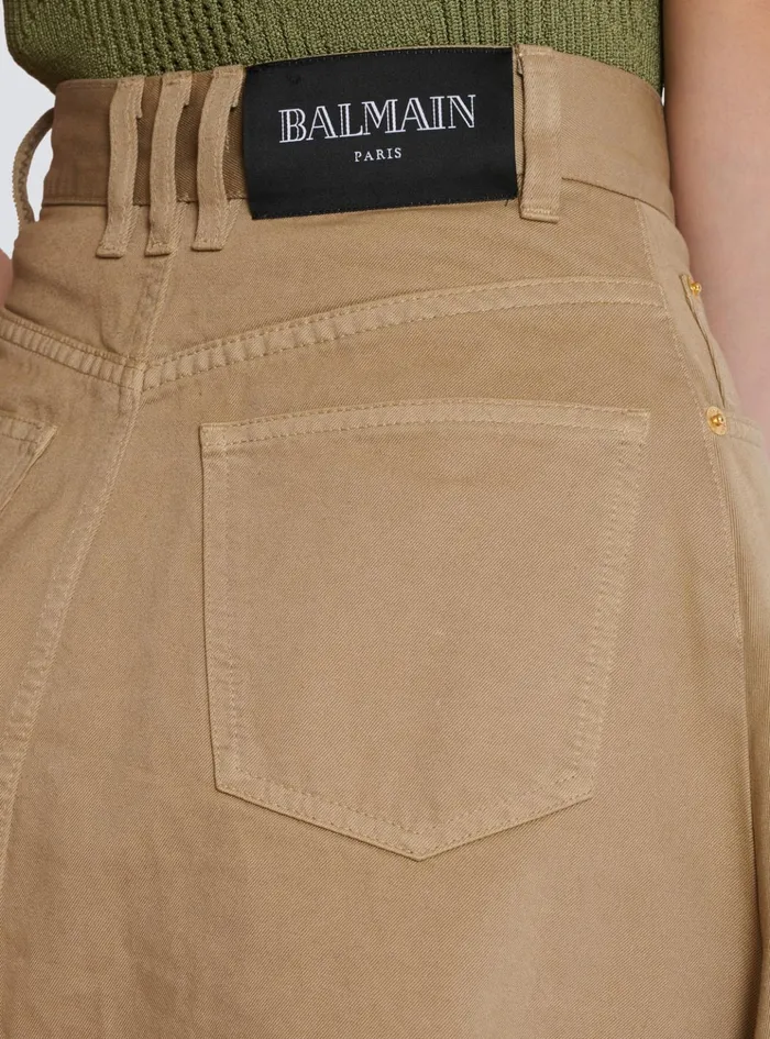 Asymmetrical Pleated Skirt In Cotton Canvas Beige Women Balmain Skirts