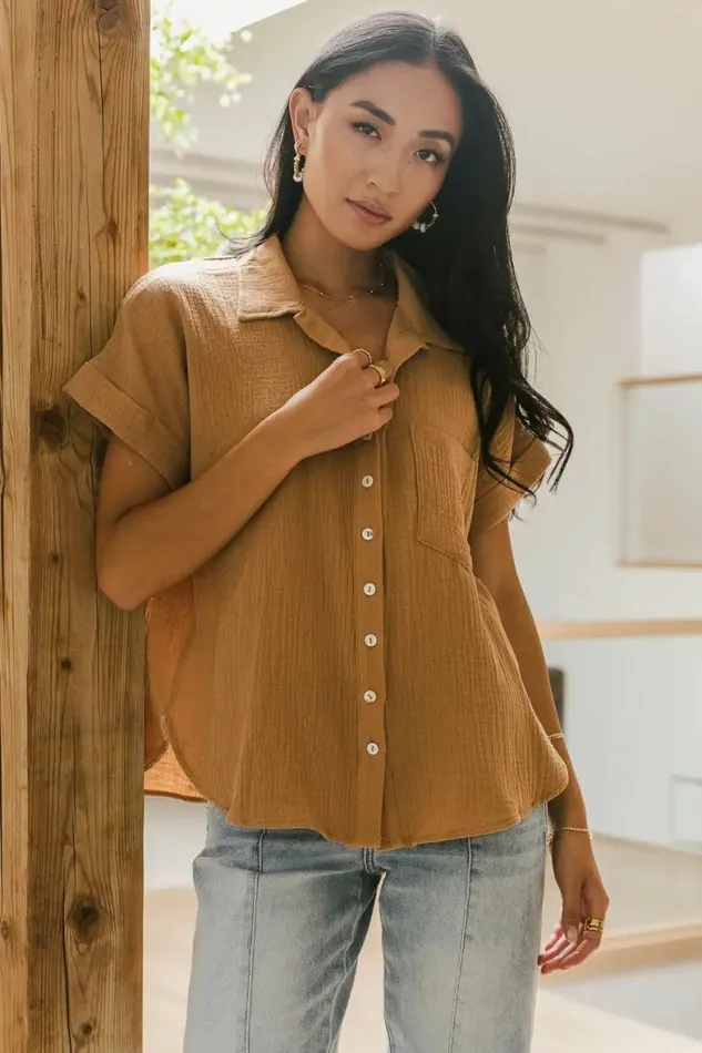 Aurelia Button Up Top In Tan Tan Women Bohme Tops