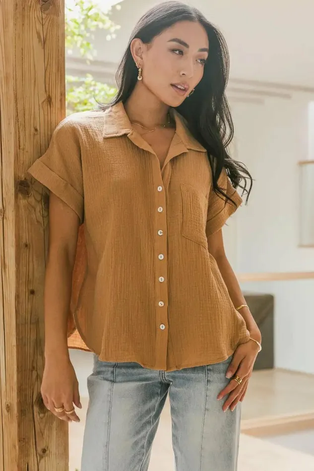 Aurelia Button Up Top In Tan Tan Women Bohme Tops