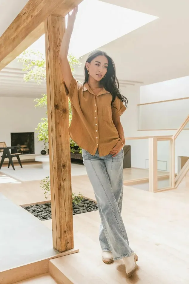 Aurelia Button Up Top In Tan Tan Women Bohme Tops