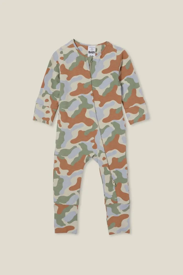 Baby Rompers and All In Ones Cotton On The Billie Long Sleeve Zip Romper Rainy Dayhidden In Camo