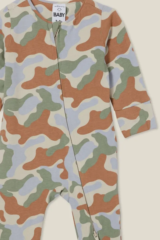 Baby Rompers and All In Ones Cotton On The Billie Long Sleeve Zip Romper Rainy Dayhidden In Camo