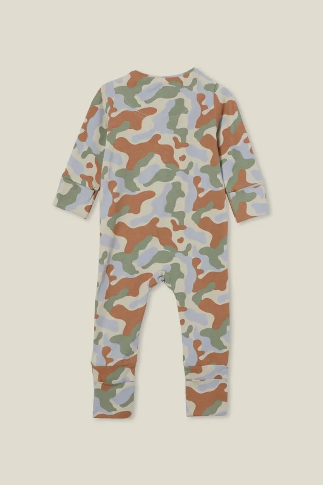 Baby Rompers and All In Ones Cotton On The Billie Long Sleeve Zip Romper Rainy Dayhidden In Camo