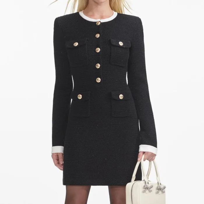 Black Knit Contrast Collar Mini Dress Women Self Portrait Dresses Black Knit Contrast Collar Mini Dress Women Self Portrait Dresses