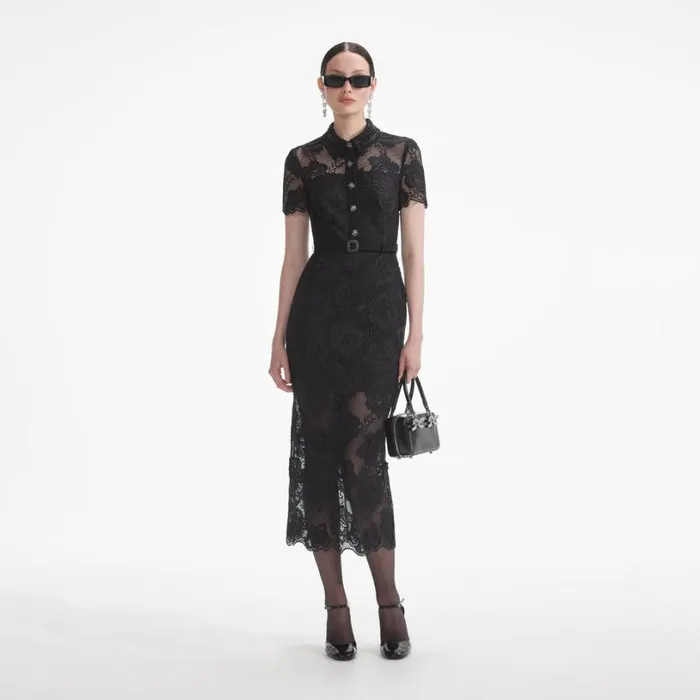 Black Lace Diamante Midi Dress Women Self Portrait Dresses