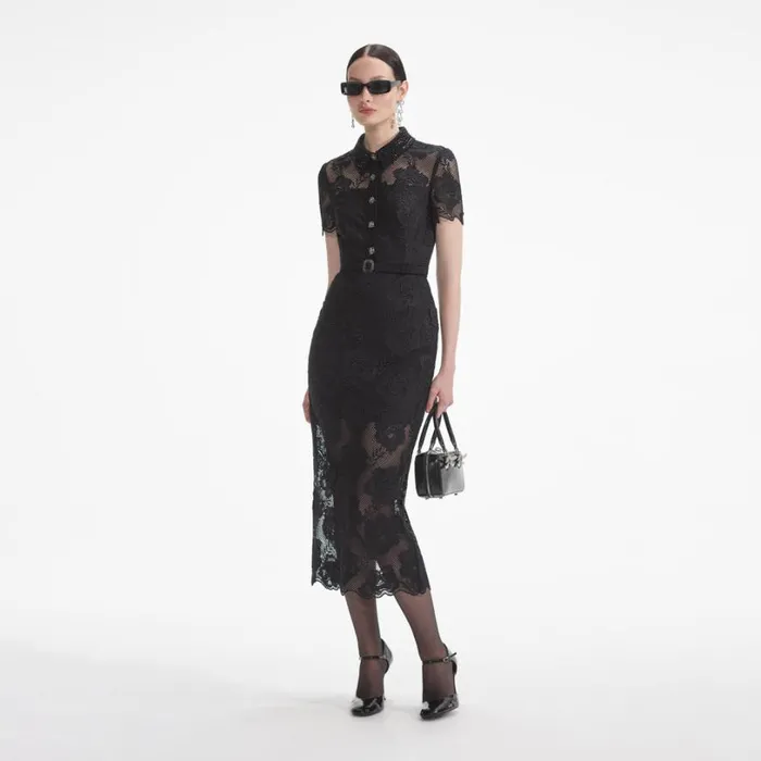 Black Lace Diamante Midi Dress Women Self Portrait Dresses