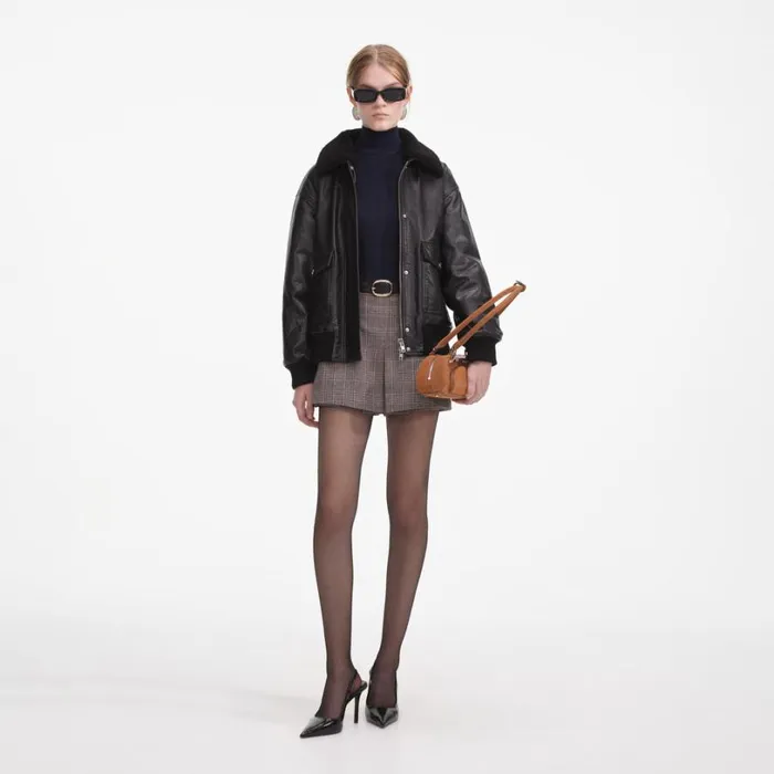 Black Leather Shearling Collar Jacket Women Self Portrait Outerwear