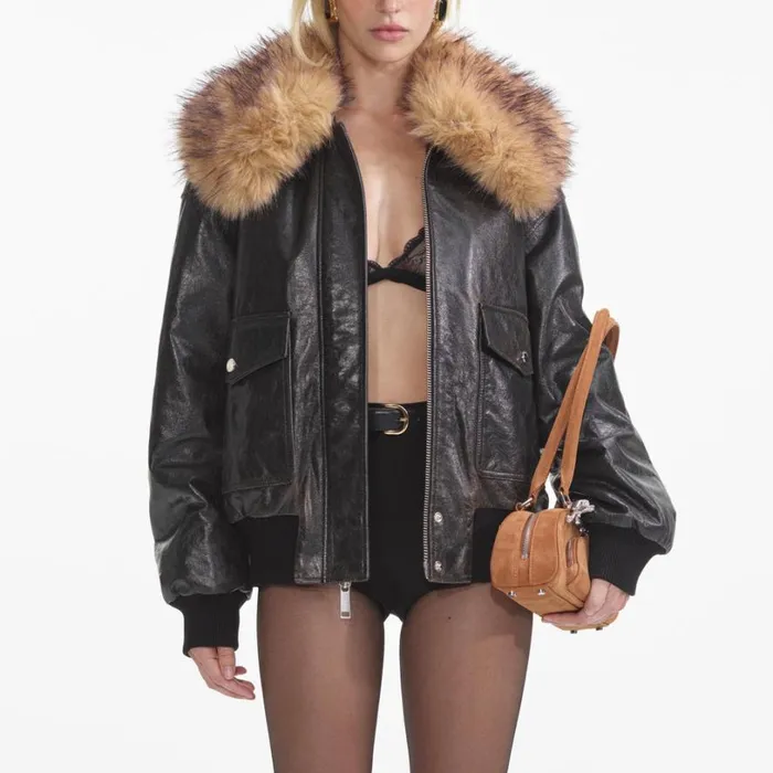 Black Leather Shearling Collar Jacket Women Self Portrait Outerwear