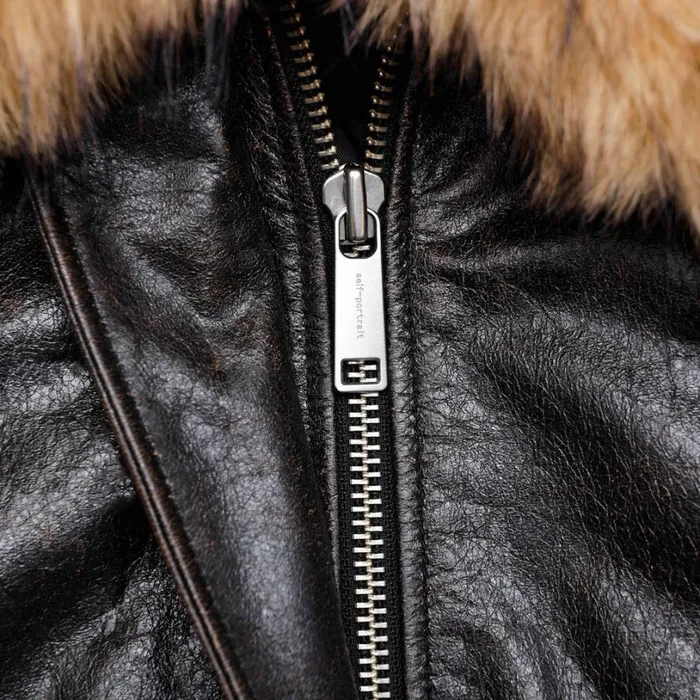 Black Leather Shearling Collar Jacket Women Self Portrait Outerwear