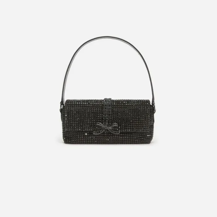 Black Rhinestone Chainmail Baguette Bag Women Self Portrait Mini