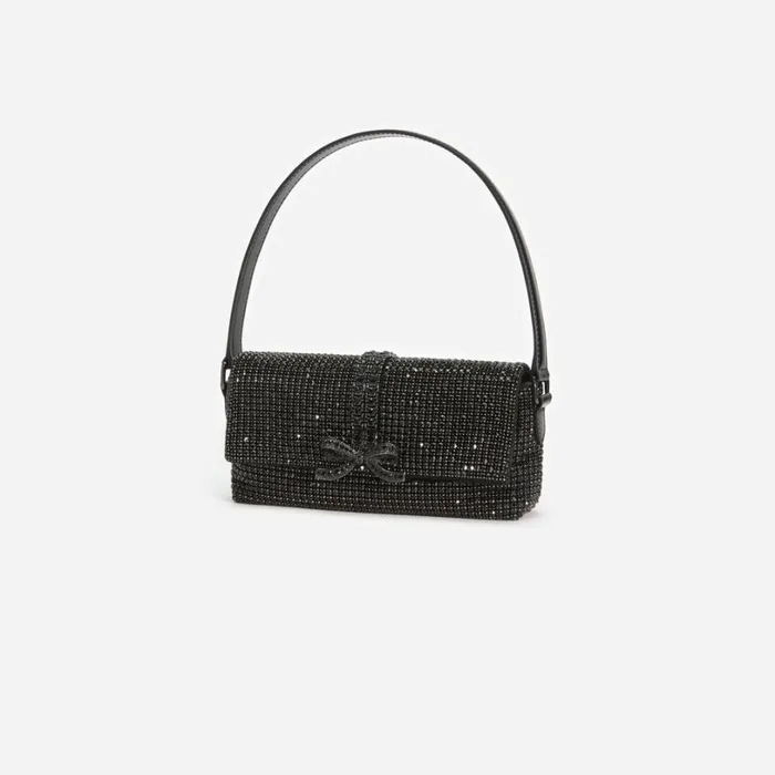 Black Rhinestone Chainmail Baguette Bag Women Self Portrait Mini Black Rhinestone Chainmail Baguette Bag Women Self Portrait Mini
