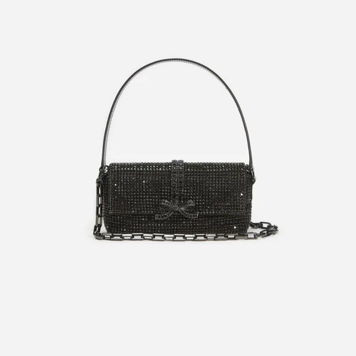 Black Rhinestone Chainmail Baguette Bag Women Self Portrait Mini Black Rhinestone Chainmail Baguette Bag Women Self Portrait Mini