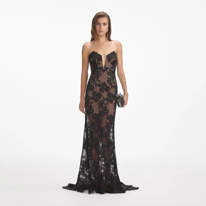Black Rhinestone Lace Maxi Dress Women Self Portrait Dresses