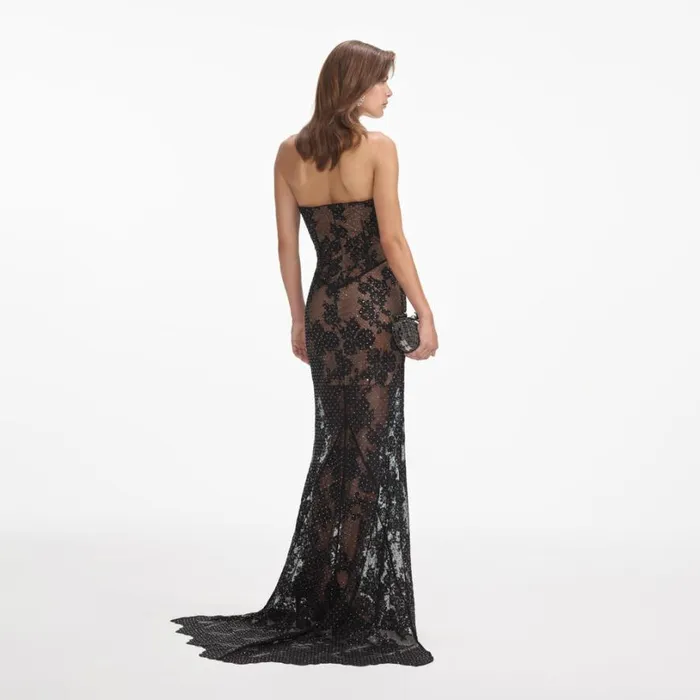 Black Rhinestone Lace Maxi Dress Women Self Portrait Dresses
