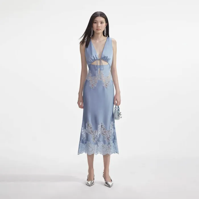 Blue Satin Lace Insert Midi Dress Women Self Portrait Dresses